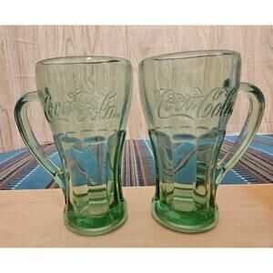 Set Of 2 Vintage Green Coca-Cola Glass Mugs With Handle By Libbey Thick Heavy